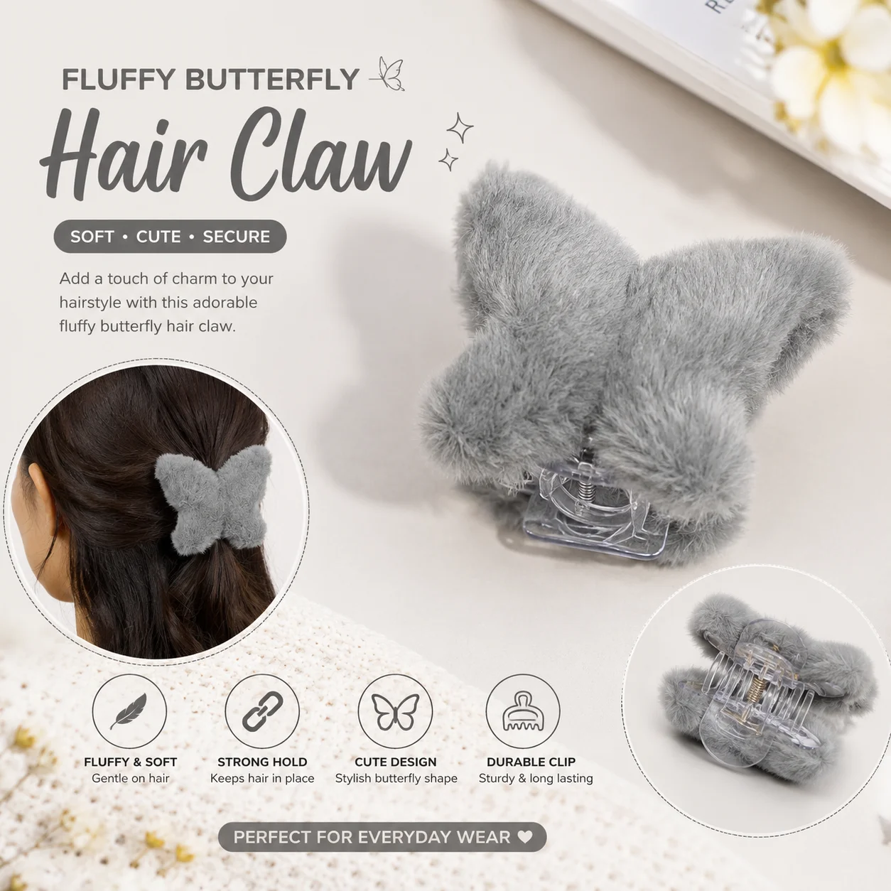 Butterfly Fur Hair Claw - Gray