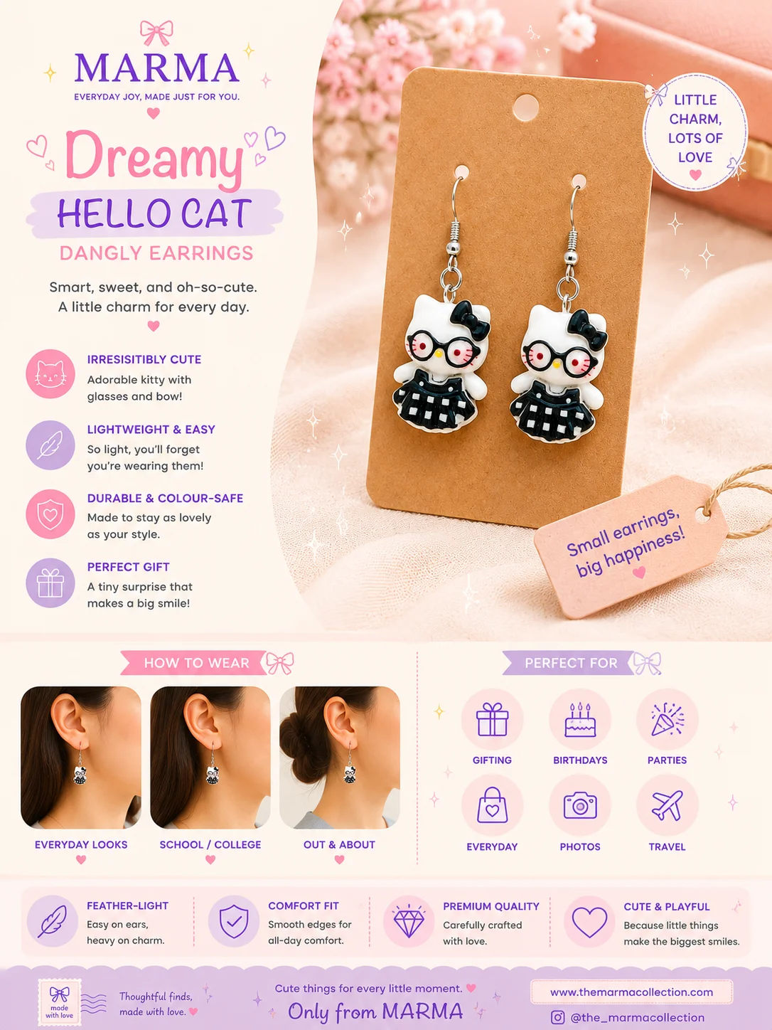 Dreamy Hello Cat Dangly Earrings