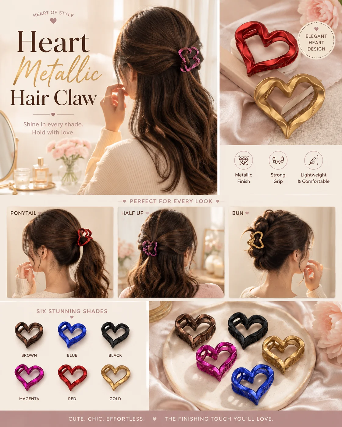 Heart Metallic Hair Claw Clip - Pack of 2