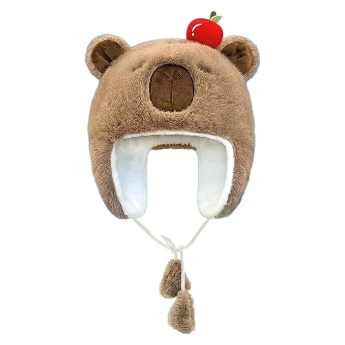 Cute Capybara Plush Winter Hat with Apple