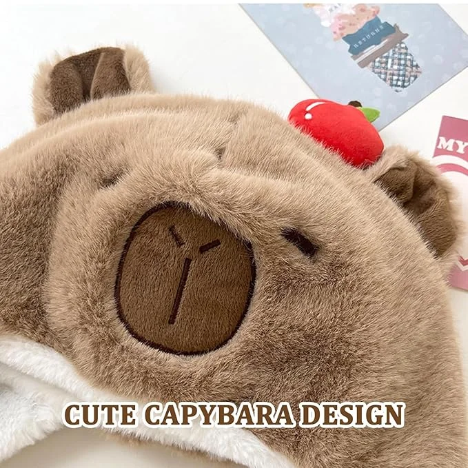 Cute Capybara Plush Winter Hat with Apple