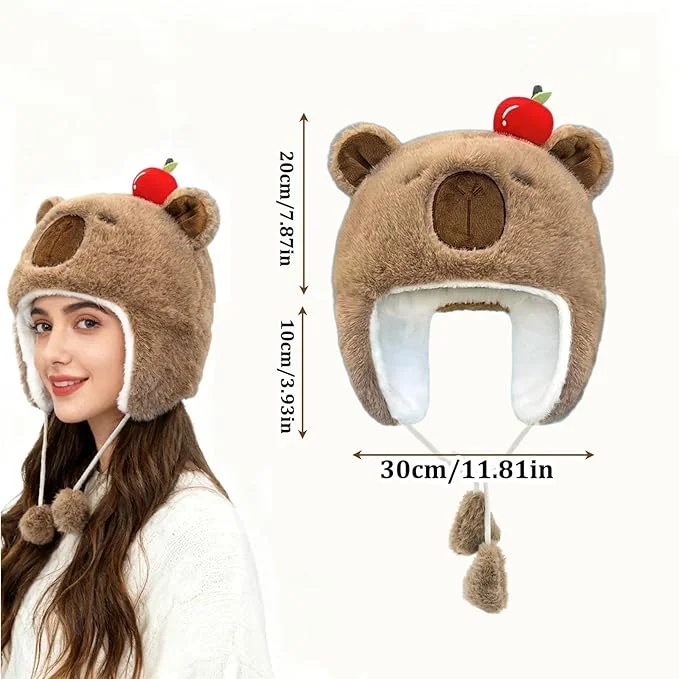Cute Capybara Plush Winter Hat with Apple