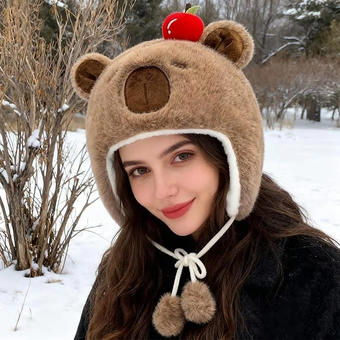 Cute Capybara Plush Winter Hat with Apple