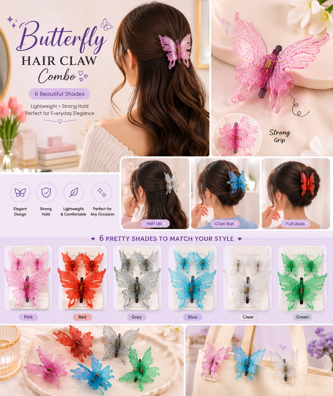 Butterfly Hair Claw Combo - Set of 3